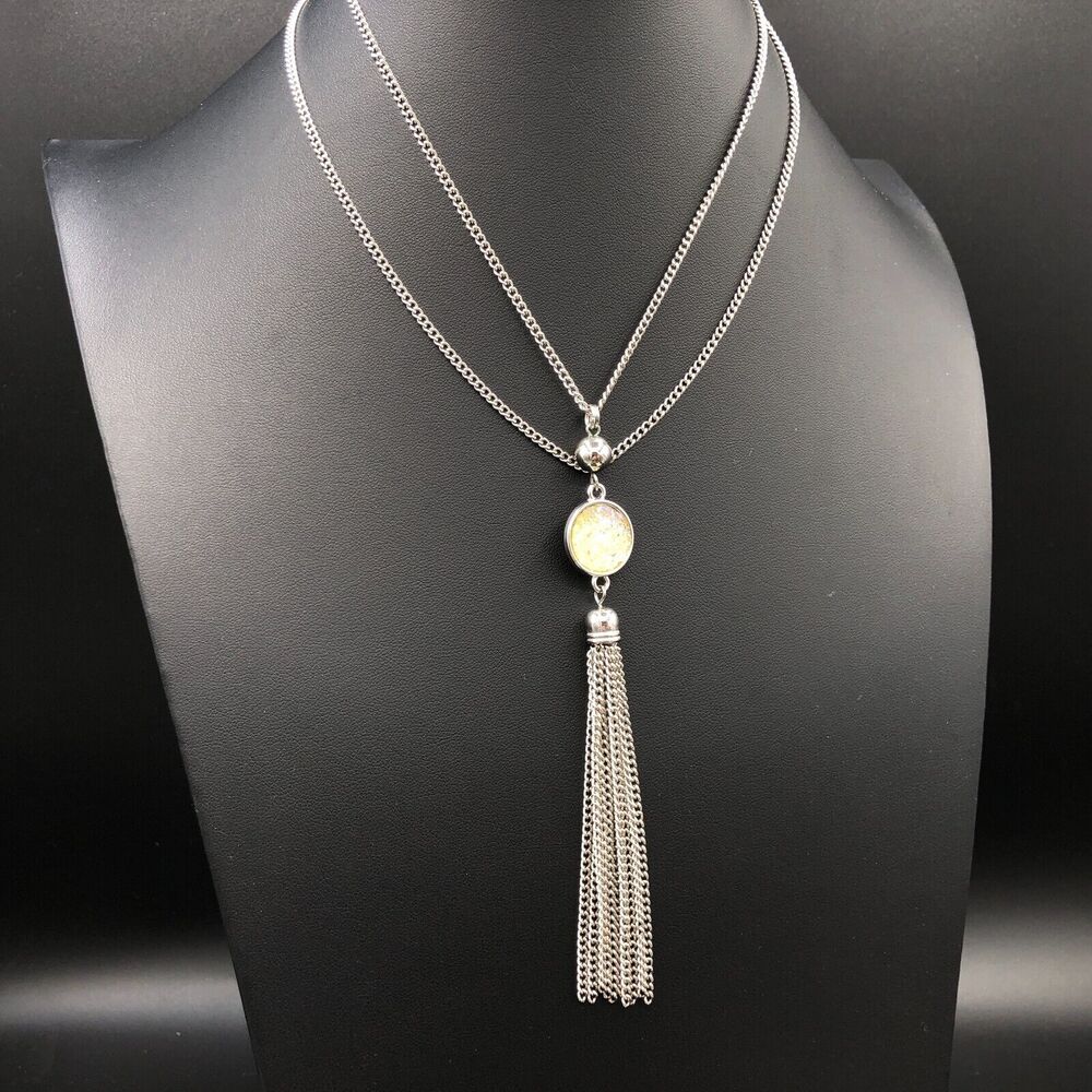 Tassel Necklace Iridescent Faux Yellow‎ Druzy Pendant 33 inch Silver Tone Chain